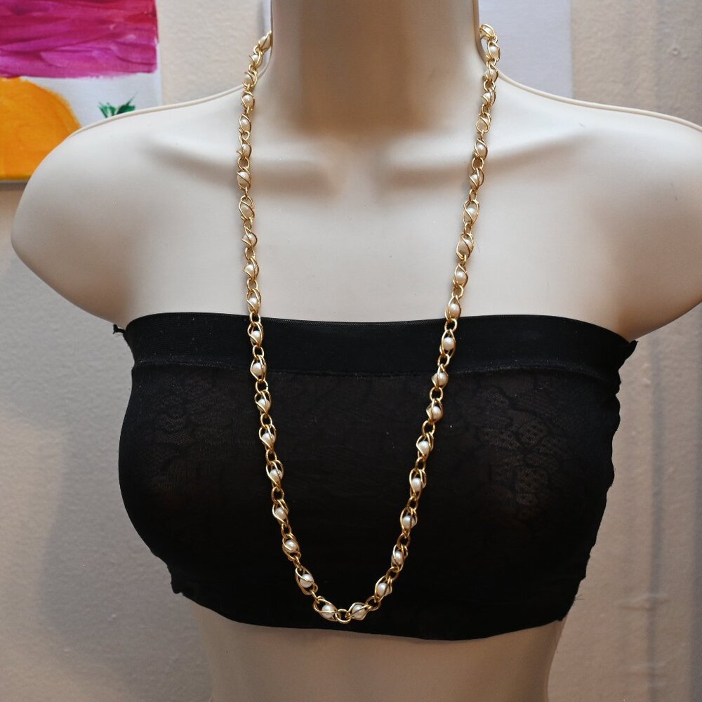 Vintage Gold Tone Cage Faux Pearls Statement Necklace